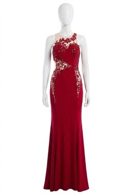 NEW RACHEL ALLAN lace applique on a fitted jersey prom gown in red